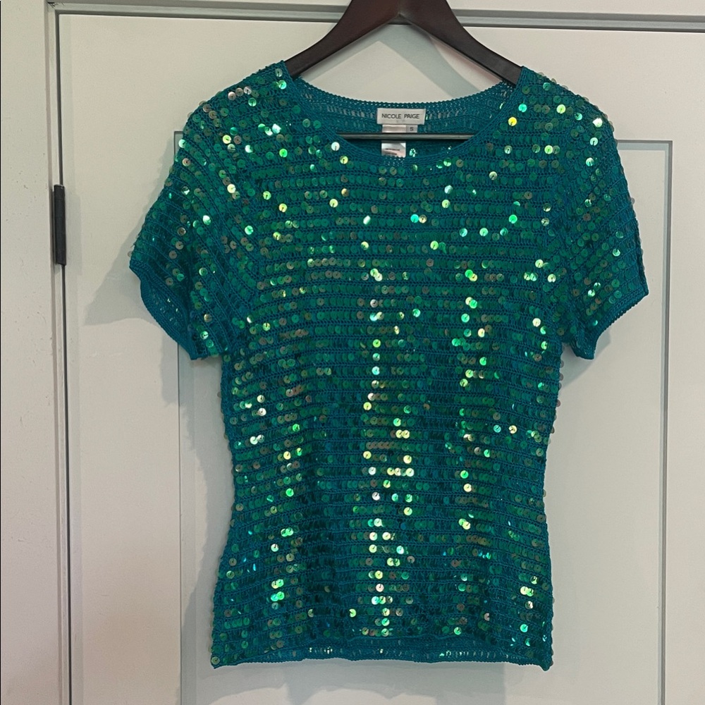 Nicole Paige Teal Sequin Short Sleeve Top